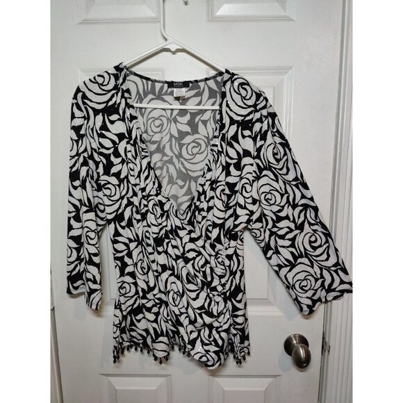 MSK Women Deep V-Neck Black White Floral Long-sleeve Dressy Sparkly Top 2X - Picture 1 of 6